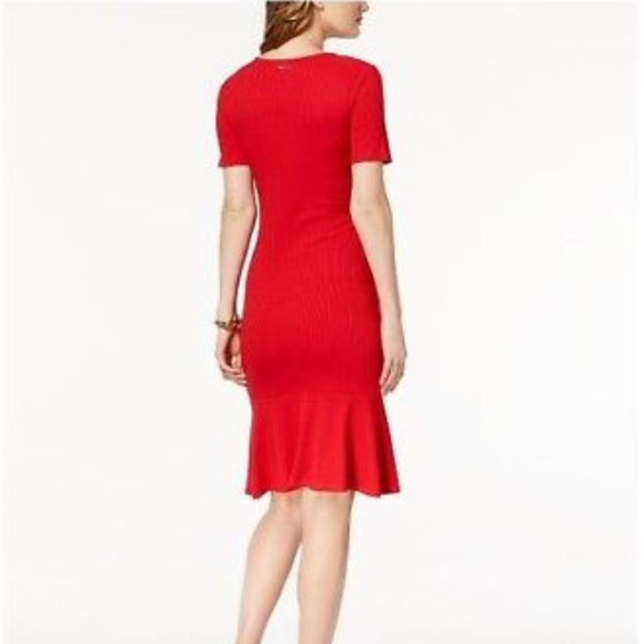 Michael Kors Ribbed Fit & Flare Keyhole Red Dress - Picture 3 of 4